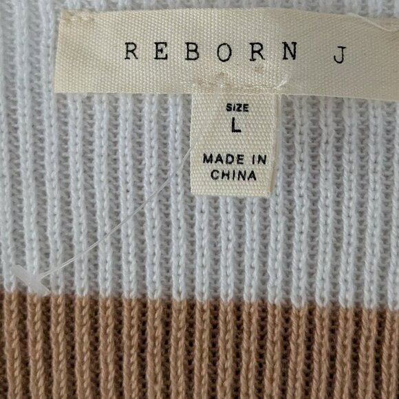 REBORN J Tan/White Striped V-Neck Rib-Knit Long Sleeved Sweater; Size L - Picture 3 of 5